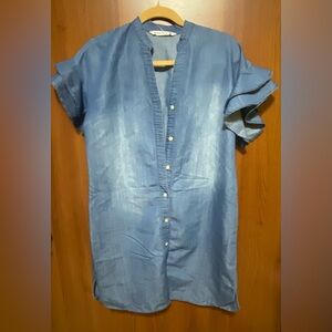 Elegant Denim Blue Ruffle Sleeve Dress Size Small